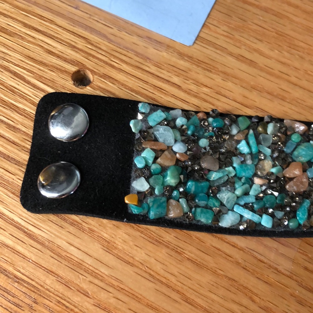 Paparazzi wide black bracelet with turquoise brown and orange stones euc